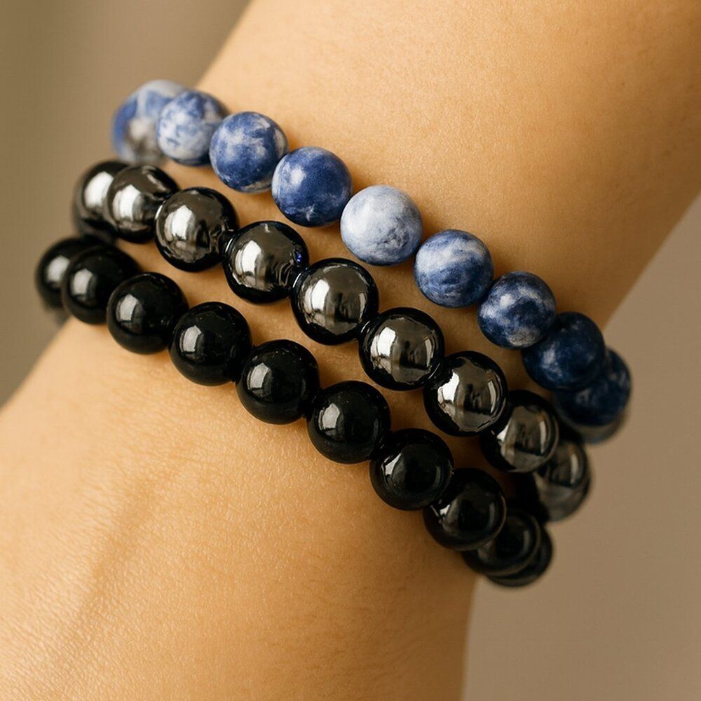 NWOT 8mm Gemstone Bracelet Stack – Sodalite, Hematite, Obsidian